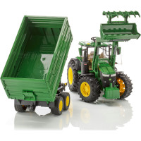 Bruder Traktor John Deere 7R 350 s čelním nakladačem a tandemovým přepravním přívěsem