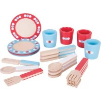 Bigjigs Toys Dřevěný jídelní servis s puntíky