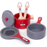Bigjigs Toys Dřevěný set nádobí s puntíky