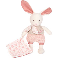 Doudou Dárková sada - Plyšový Ecru králiček s růžovou dečkou z BIO bavlny 22 cm