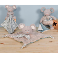 Doudou Dárková sada - Plyšová myška s dečkou z BIO bavlny 15 cm zeleno-bílá