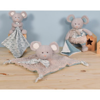 Doudou Dárková sada - Plyšová myška s čtvercovou dečkou z BIO bavlny 25 cm