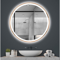 Kulaté zrcadlo COPPER 80 cm s LED podsvícením a měděným okrajem