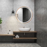 Kulaté zrcadlo COPPER 70 cm s LED podsvícením a měděným okrajem