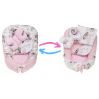Oboustranné hnízdečko (kokon) pro miminko - BABYMAM PREMIUM set 7v1 - Medvíďata se světle růžovou minky