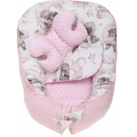 Oboustranné hnízdečko (kokon) pro miminko - BABYMAM PREMIUM set 7v1 - Medvíďata se světle růžovou minky