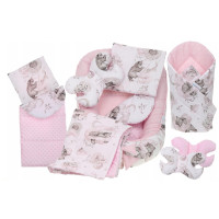 Oboustranné hnízdečko (kokon) pro miminko - BABYMAM PREMIUM set 7v1 - Medvíďata se světle růžovou minky