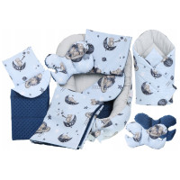 Oboustranné hnízdečko (kokon) pro miminko - BABYMAM PREMIUM set 7v1 - Medvídci ve vesmíru s tmavě modrou minky