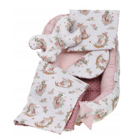 Oboustranné hnízdečko (kokon) pro miminko - BABYMAM PREMIUM set 7v1 - V říši snů se starorůžovou minky