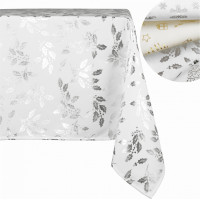 Vánoční ubrus MERRY 200x140 cm - Cesmína - bílý/stříbrný