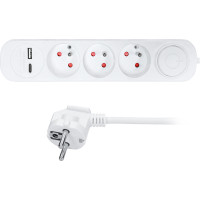 Solight 3z prodlužovací přívod s USB A+C nabíječkou 2.4A, 2m, 3 x 1mm2, bílý, vypínač