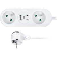 Solight 2z + USB A+C 17W, cestovní prodlužovací přívod 1.5m, bílý