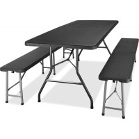 Set cateringového nábytku RATTAN - stůl 180 cm + 2 lavice - černý