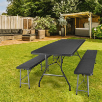Set cateringového nábytku RATTAN - stůl 180 cm + 2 lavice - černý