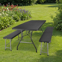Set cateringového nábytku RATTAN - stůl 180 cm + 2 lavice - černý
