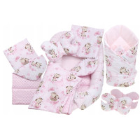 Oboustranné hnízdečko (kokon) pro miminko - BABYMAM PREMIUM set 7v1 - Růžová žirafa se světlerůžovou minky