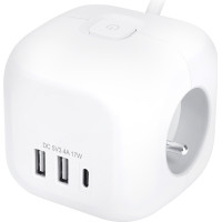 Solight 3z + USB A+C prodlužovací přívod - kostka, kabel 2m, 3 x 1mm2, bílý, vypínač