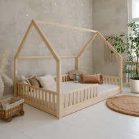 Dětská domečková Montessori postel z masivu borovice BIANCO - 200x140 cm