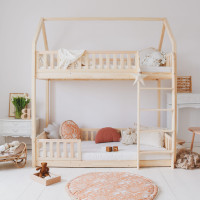 Dětská patrová domečková postel z masivu borovice BIANCO s Montessori lůžkem - 200x90 cm - bez povrchových úprav