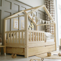 Dětská domečková postel z masivu borovice Bedhouse FENCE (se šuplíkem/s přistýlkou) - 200x90 cm