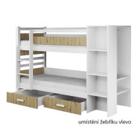Dětská patrová postel z masivu borovice APOLLO se šuplíky a regálem - 180x80 cm - bílá/dub artisan