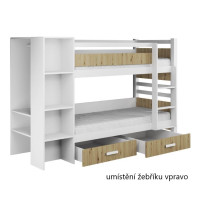 Dětská patrová postel z masivu borovice APOLLO se šuplíky a regálem - 180x80 cm - bílá/dub artisan