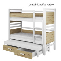 Dětská patrová postel z masivu borovice JANIS III s přistýlkou a šuplíky - 180x80 cm - přírodní borovice/bílá