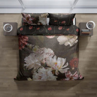 Saténové povlečení NOBILE Peonies - tmavě hnědé - 140x200 cm