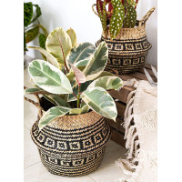 BOHO Ethnic koš z mořské trávy - 25x28 cm - přírodní/černý