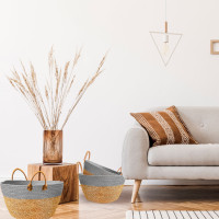 Sada BOHO košů z mořské trávy - 3 kusy - přírodní/šedá