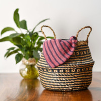 BOHO Ethnic koš z mořské trávy - 25x28 cm - přírodní/černý