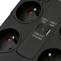 Solight přepěťová ochrana, 8z, USB A+CA, 2m, černá