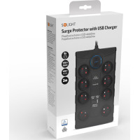 Solight přepěťová ochrana, 8z, USB A+CA, 2m, černá