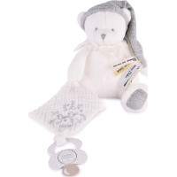 Doudou Dárková sada Plyšový medvídek s úchytem na dudlík a dečkou šedý 20 cm
