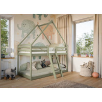 Dětská patrová domečková postel s Montessori lůžkem z masivu borovice SVEN - 180x80 cm - OLIVOVĚ ZELENÁ