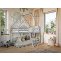 Dětská patrová domečková postel s Montessori lůžkem z masivu borovice SVEN - 200x90 cm - ŠEDÁ