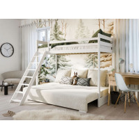 Vyvýšená postel z masivu borovice s rozkládací pohovkou SOFIE - 200x90/140 cm - bílá/béžová