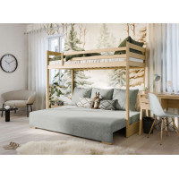Vyvýšená postel z masivu borovice s rozkládací pohovkou SOFIE - 200x90/140 cm - přírodní/šedá