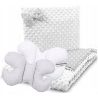 Dětská deka do kočárku s polštářkem a motýlkem - BABYMAM PREMIUM set 3v1 - Bílé tečky na šedé s bílou minky