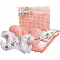 Dětská deka do kočárku s polštářkem a motýlkem - BABYMAM PREMIUM set 3v1 - Romantické květy s meruňkovou minky