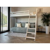 Vyvýšená postel z masivu borovice s rozkládací pohovkou SOFIE - 200x90/140 cm - bílá/šedá