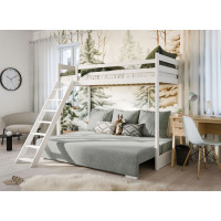 Vyvýšená postel z masivu borovice s rozkládací pohovkou SOFIE - 200x90/140 cm - bílá/šedá