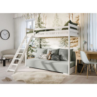 Vyvýšená postel z masivu borovice s rozkládací pohovkou SOFIE - 200x90/140 cm - bílá/šedá