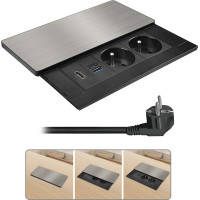 Solight vestavný blok zásuvek s posuvným krytem, 2 zásuvky, HDMI, USB A+C 20W PD, 2m, stříbrný