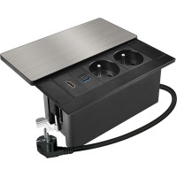 Solight vestavný blok zásuvek s posuvným krytem, 2 zásuvky, HDMI, USB A+C 20W PD, 2m, stříbrný