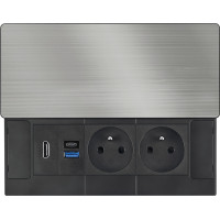 Solight vestavný blok zásuvek s posuvným krytem, 2 zásuvky, HDMI, USB A+C 20W PD, 2m, stříbrný