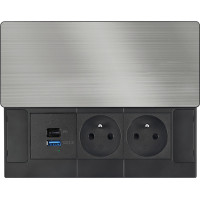 Solight vestavný blok zásuvek s posuvným krytem, 2 zásuvky, USB A+C 65W PD, 2m, stříbrný