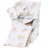 Oboustranné hnízdečko (kokon) pro miminko - BABYMAM PREMIUM set 7v1 - Medvídek v oblacích s béžovou minky