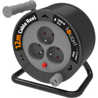 Solight prodlužovací přívod na bubnu 12m, 3 zásuvky, černý kabel, 3x 1,5mm2