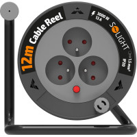 Solight prodlužovací přívod na bubnu 12m, 3 zásuvky, černý kabel, 3x 1,5mm2